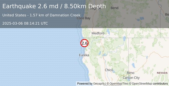 Earthquake OFFSHORE NORTHERN CALIFORNIA (2.6 md) (2025-03-06 08:14:21 UTC)