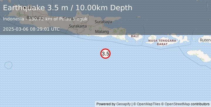 Earthquake SOUTH OF JAVA, INDONESIA (3.5 m) (2025-03-06 08:29:01 UTC)