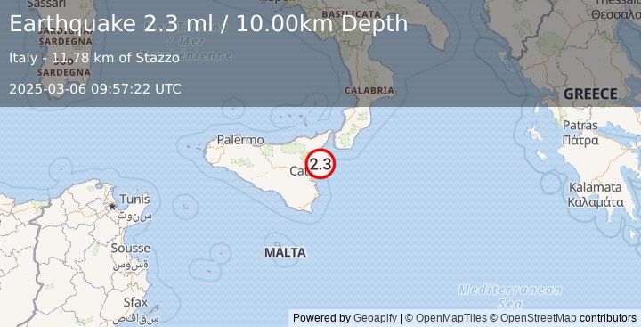 Earthquake SICILY, ITALY (2.3 ml) (2025-03-06 09:57:22 UTC)