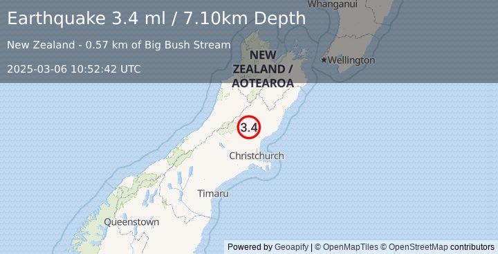 Earthquake SOUTH ISLAND OF NEW ZEALAND (3.4 ml) (2025-03-06 10:52:42 UTC)