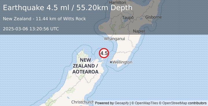 Earthquake COOK STRAIT, NEW ZEALAND (4.5 ml) (2025-03-06 13:20:56 UTC)