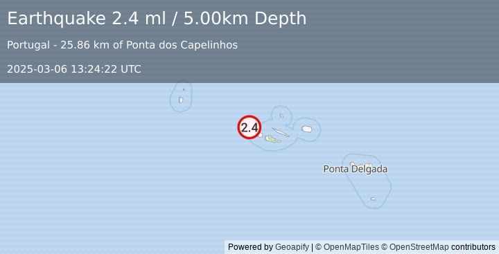 Earthquake AZORES ISLANDS, PORTUGAL (2.4 ml) (2025-03-06 13:24:22 UTC)