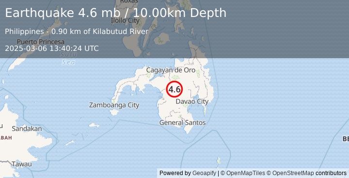 Earthquake MINDANAO, PHILIPPINES (4.6 mb) (2025-03-06 13:40:24 UTC)