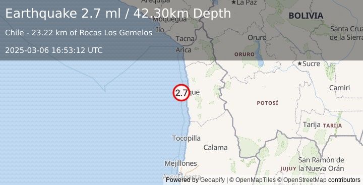 Earthquake OFFSHORE TARAPACA, CHILE (2.7 ml) (2025-03-06 16:53:12 UTC)