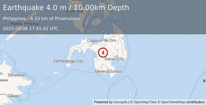 Earthquake MINDANAO, PHILIPPINES (4.0 m) (2025-03-06 17:41:42 UTC)