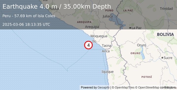 Earthquake NEAR COAST OF SOUTHERN PERU (4.0 m) (2025-03-06 18:13:35 UTC)