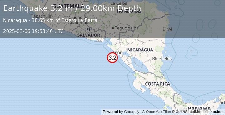 Earthquake NEAR COAST OF NICARAGUA (3.3 m) (2025-03-06 19:53:45 UTC)