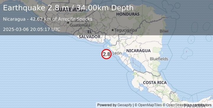 Earthquake NEAR COAST OF NICARAGUA (2.8 m) (2025-03-06 20:05:17 UTC)