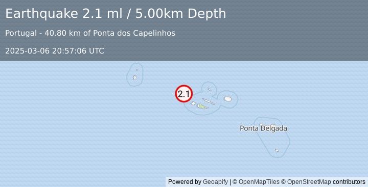 Earthquake AZORES ISLANDS, PORTUGAL (2.1 ml) (2025-03-06 20:57:06 UTC)