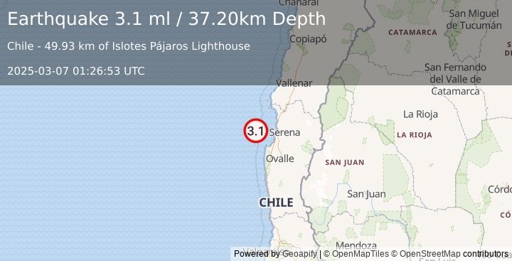 Earthquake OFFSHORE COQUIMBO, CHILE (3.1 ml) (2025-03-07 01:26:53 UTC)