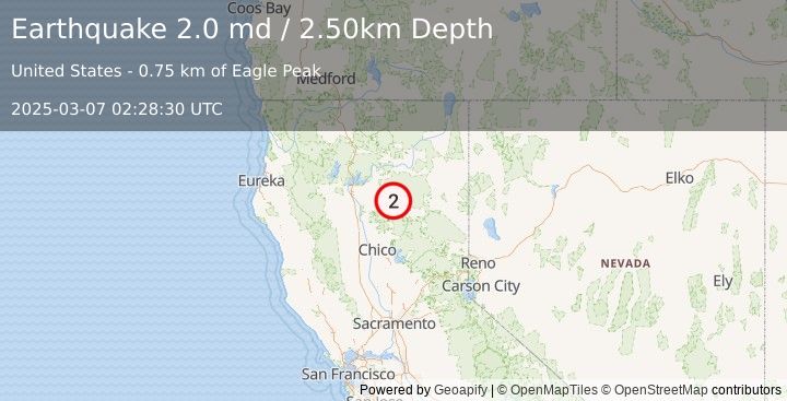 Earthquake LASSEN PEAK AREA, CALIFORNIA (2.0 md) (2025-03-07 02:28:30 UTC)