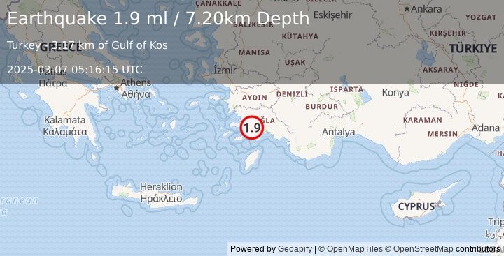 Earthquake DODECANESE IS.-TURKEY BORDER REG (1.9 ml) (2025-03-07 05:16:15 UTC)