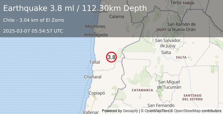 Earthquake ANTOFAGASTA, CHILE (3.8 ml) (2025-03-07 05:54:57 UTC)