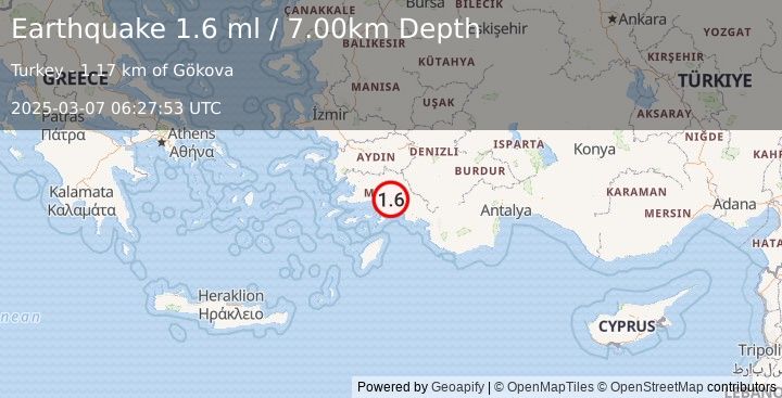 Earthquake WESTERN TURKEY (1.6 ml) (2025-03-07 06:27:53 UTC)