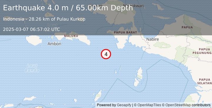 Earthquake NEAR S COAST OF PAPUA, INDONESIA (4.0 m) (2025-03-07 06:57:02 UTC)