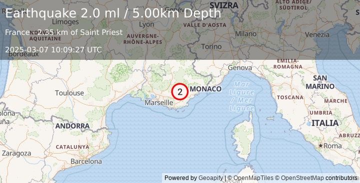 Earthquake NEAR SOUTH COAST OF FRANCE (2.0 ml) (2025-03-07 10:09:27 UTC)