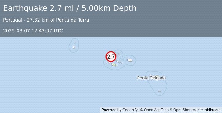 Earthquake AZORES ISLANDS, PORTUGAL (2.7 ml) (2025-03-07 12:43:07 UTC)