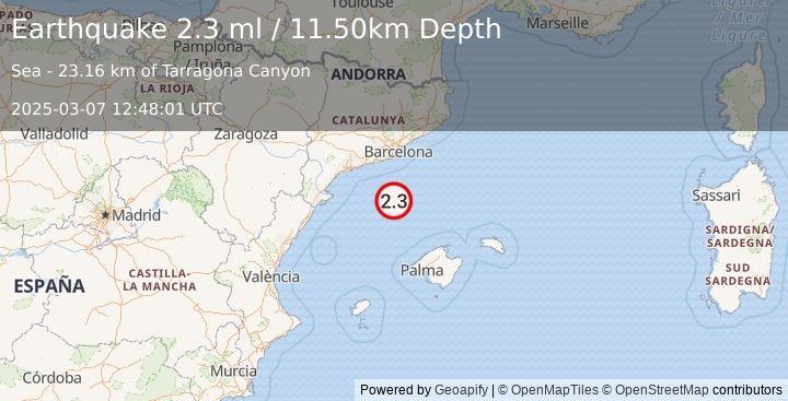 Earthquake BALEARIC ISLANDS, SPAIN (2.3 ml) (2025-03-07 12:48:01 UTC)