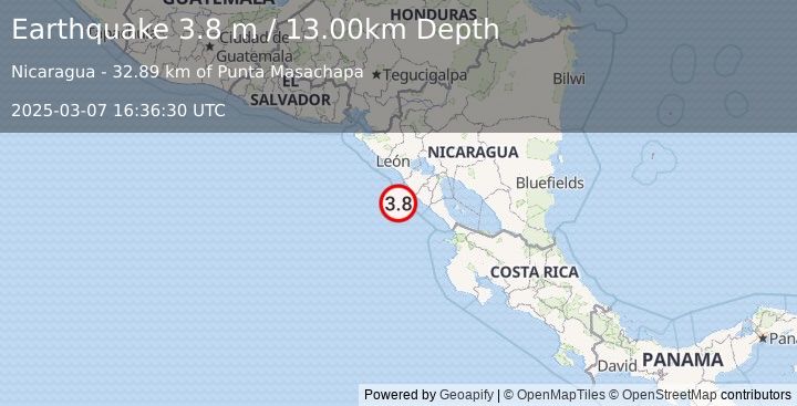 Earthquake NEAR COAST OF NICARAGUA (3.6 m) (2025-03-07 16:36:13 UTC)