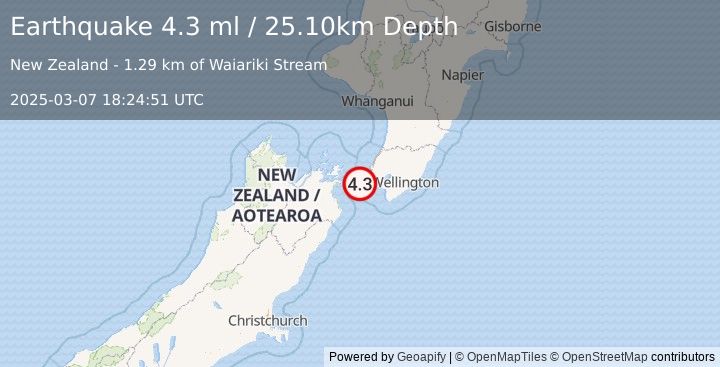 Earthquake COOK STRAIT, NEW ZEALAND (4.3 ml) (2025-03-07 18:24:51 UTC)