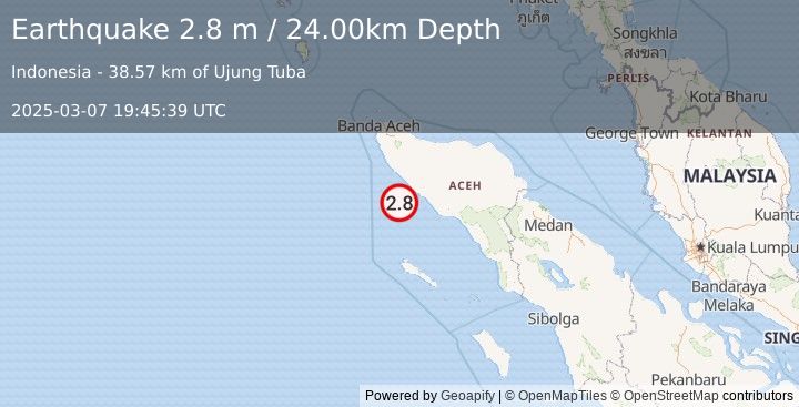 Earthquake NORTHERN SUMATRA, INDONESIA (2.8 m) (2025-03-07 19:45:39 UTC)