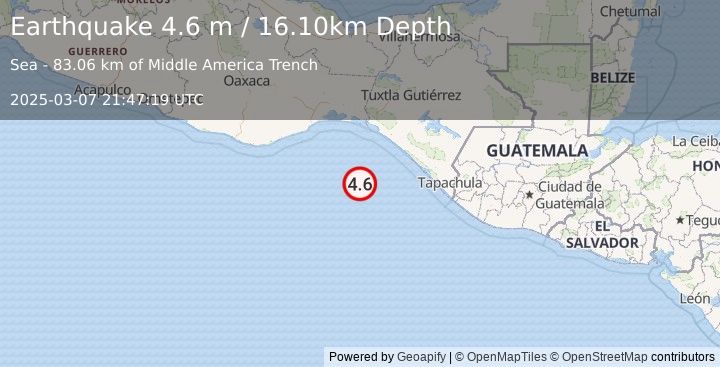 Earthquake OFF COAST OF CHIAPAS, MEXICO (4.6 m) (2025-03-07 21:47:19 UTC)