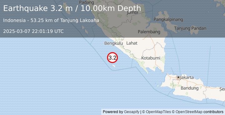 Earthquake SOUTHERN SUMATRA, INDONESIA (3.2 m) (2025-03-07 22:01:19 UTC)