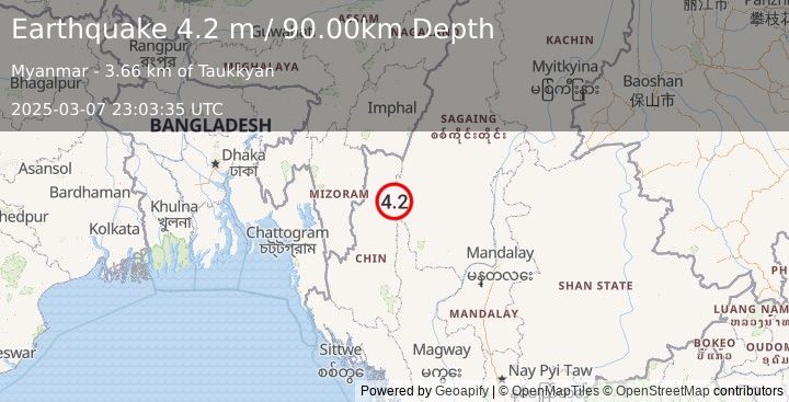 Earthquake MYANMAR-INDIA BORDER REGION (4.2 m) (2025-03-07 23:03:35 UTC)