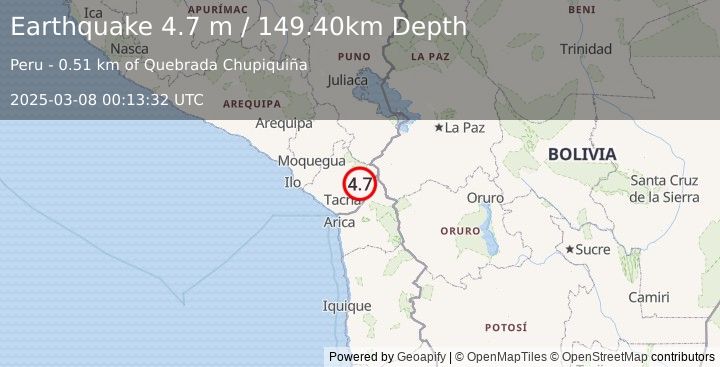 Earthquake TARAPACA, CHILE (4.6 m) (2025-03-08 00:13:33 UTC)