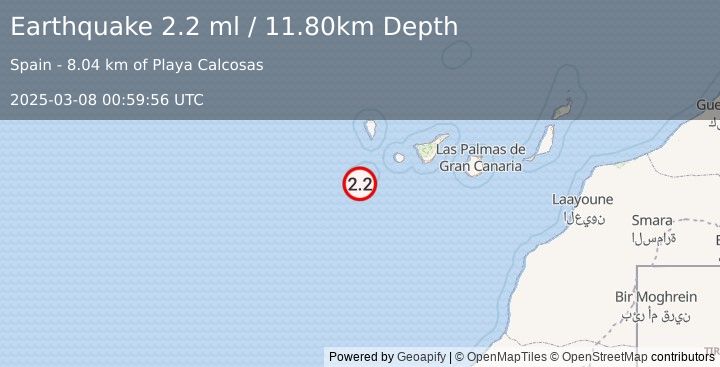 Earthquake CANARY ISLANDS, SPAIN REGION (2.2 ml) (2025-03-08 00:59:56 UTC)