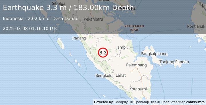 Earthquake SOUTHERN SUMATRA, INDONESIA (3.3 m) (2025-03-08 01:16:10 UTC)