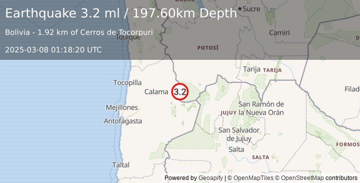 Earthquake ANTOFAGASTA, CHILE (3.2 ml) (2025-03-08 01:18:20 UTC)