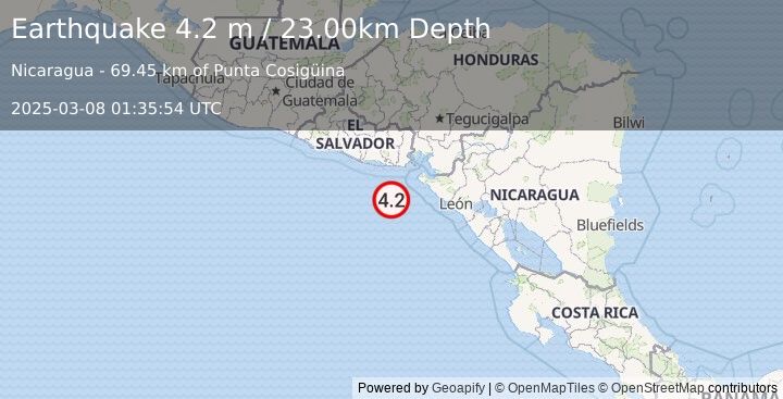 Earthquake OFFSHORE EL SALVADOR (4.2 m) (2025-03-08 01:35:54 UTC)