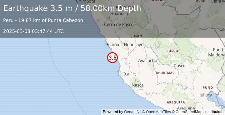 Earthquake NEAR COAST OF CENTRAL PERU (3.5 m) (2025-03-08 03:47:44 UTC)