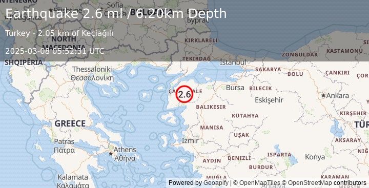 Earthquake NEAR THE COAST OF WESTERN TURKEY (2.6 ml) (2025-03-08 05:52:31 UTC)