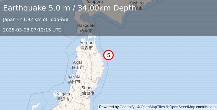 Earthquake NEAR EAST COAST OF HONSHU, JAPAN (5.2 mw) (2025-03-08 07:12:16 UTC)