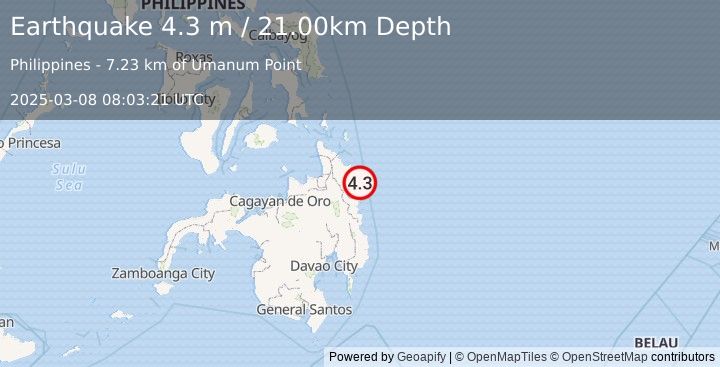 Earthquake MINDANAO, PHILIPPINES (4.3 m) (2025-03-08 08:03:21 UTC)