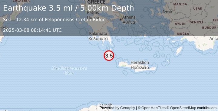 Earthquake CENTRAL MEDITERRANEAN SEA (3.5 ml) (2025-03-08 08:14:37 UTC)