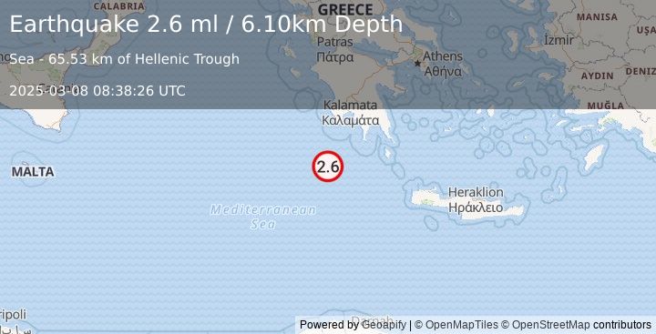 Earthquake CENTRAL MEDITERRANEAN SEA (2.6 ml) (2025-03-08 08:38:26 UTC)