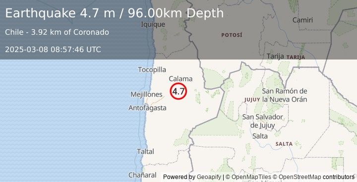 Earthquake ANTOFAGASTA, CHILE (4.7 m) (2025-03-08 08:57:46 UTC)