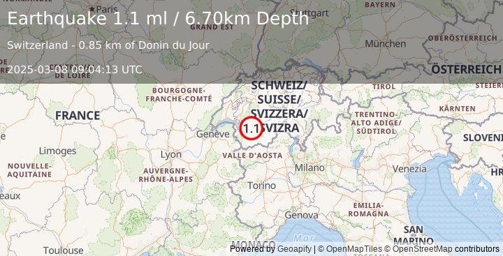 Earthquake SWITZERLAND (1.1 ml) (2025-03-08 09:04:13 UTC)