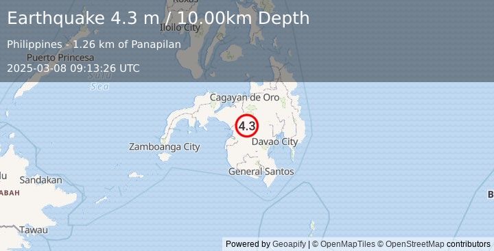 Earthquake MINDANAO, PHILIPPINES (4.3 m) (2025-03-08 09:13:26 UTC)