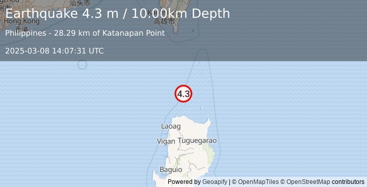 Earthquake BABUYAN ISL REGION, PHILIPPINES (4.3 m) (2025-03-08 14:07:31 UTC)