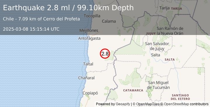 Earthquake ANTOFAGASTA, CHILE (2.8 ml) (2025-03-08 15:15:14 UTC)