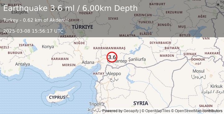 Earthquake CENTRAL TURKEY (3.8 ml) (2025-03-08 15:56:16 UTC)