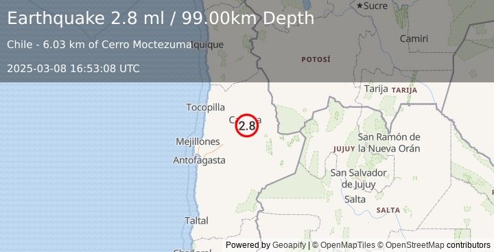 Earthquake ANTOFAGASTA, CHILE (2.8 ml) (2025-03-08 16:53:08 UTC)