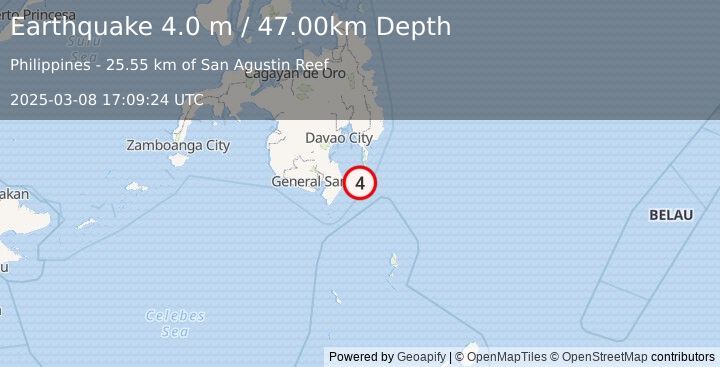 Earthquake MINDANAO, PHILIPPINES (4.0 m) (2025-03-08 17:09:24 UTC)