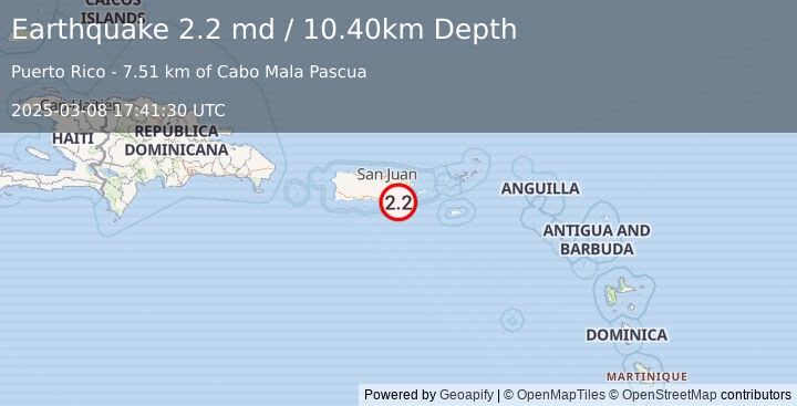 Earthquake PUERTO RICO REGION (2.2 md) (2025-03-08 17:41:30 UTC)