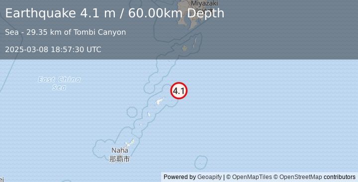 Earthquake RYUKYU ISLANDS, JAPAN (4.1 m) (2025-03-08 18:57:30 UTC)