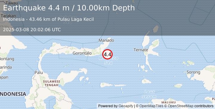 Earthquake MINAHASA, SULAWESI, INDONESIA (4.4 m) (2025-03-08 20:02:06 UTC)